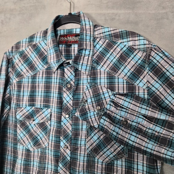 Rock & Roll Cowboy Shirt Men's Medium Western Pearl Snap Plaid Blue Gray L/S - Picture 1 of 11